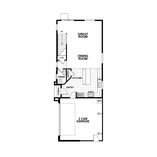 Daphne floorplan first floor with 2 car garage, open concept kitchen, dining and great room, and half bath.