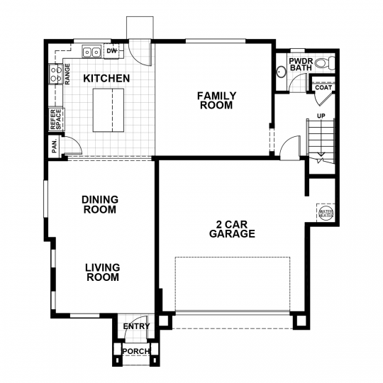 Adobe floorplan first floor with 2 car garage, open concept kitchen, dining, living and family room and half bath.