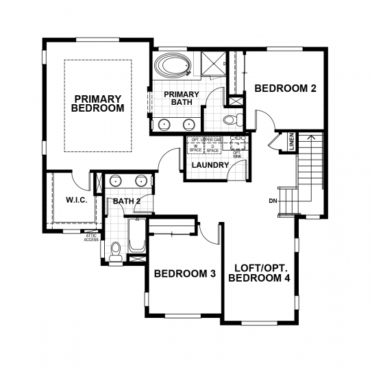 Adobe floorplan second floor with primary bedroom, bathroom, second and third bedrooms, second full bath and laundry room.