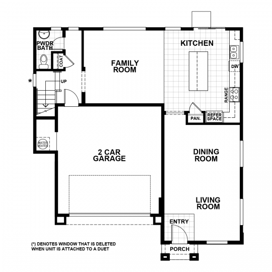 Berryessa floorplan first floor with 2 car garage, open concept kitchen and family room, dining and living room, and half bath.