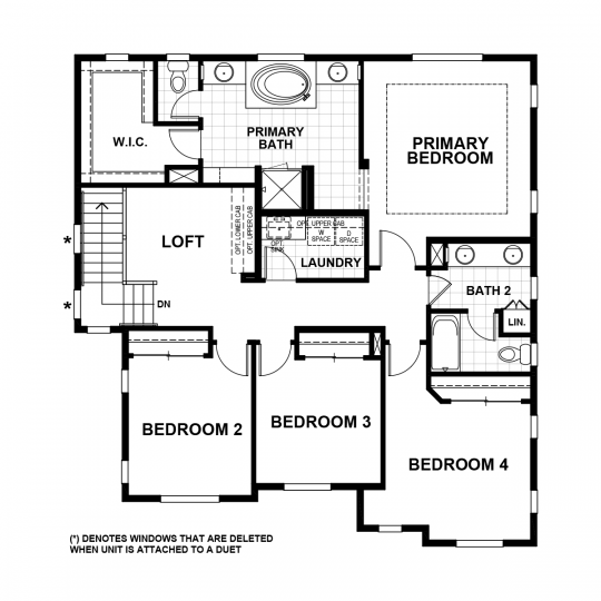 Berryessa floorplan second floor with primary bedroom and bathroom, second, third and fourth bedrooms, second full bath, loft and laundry room.