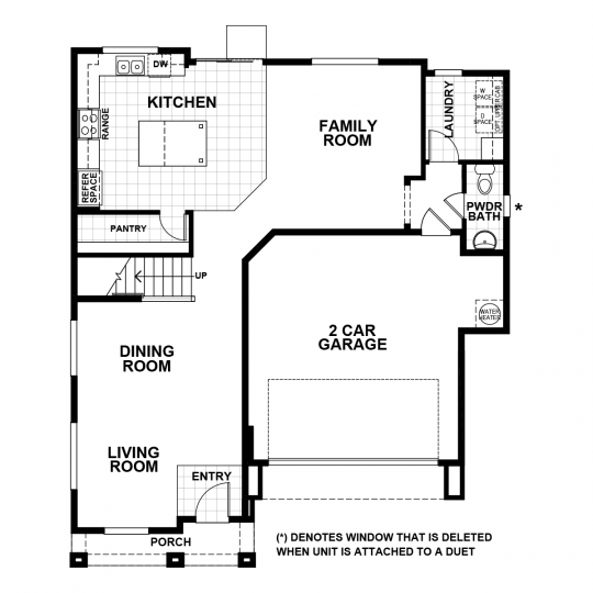 Cordelia floorplan first floor with 2 car garage, open concept kitchen and family room, dining and living room, laundry room and half bath.