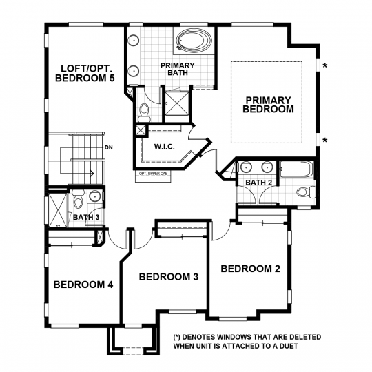 Cordelia floorplan second floor with primary bedroom and bathroom, second, third and fourth bedrooms, second full bath, third full bath, loft or optional fifth bedroom.