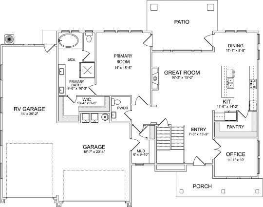 Residence 6 floorplan first floor with 2 car garage and RV garage, open kitchen, dining and great room, office, half bath and mud room.