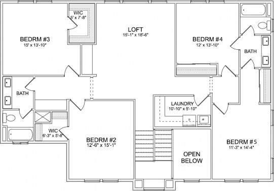Residence 6 floorplan second floor with second, third, fourth and fifth bedrooms, and second and third full bathrooms.