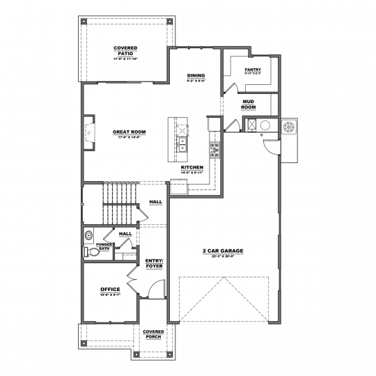 Residence 12 floorplan first floor with 2 car garage, open kitchen, dining and great room, pantry and mudroom, office and half bath.
