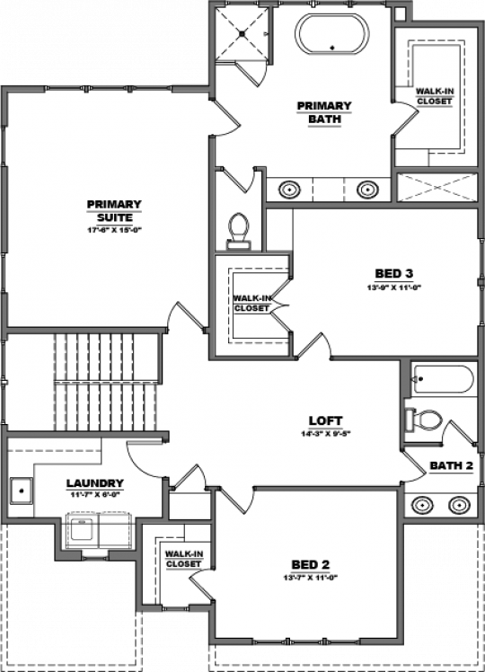 Residence 12 floorplan second floor with primary suite and bathroom, second and third bedrooms, second full bathroom, laundry room and loft.