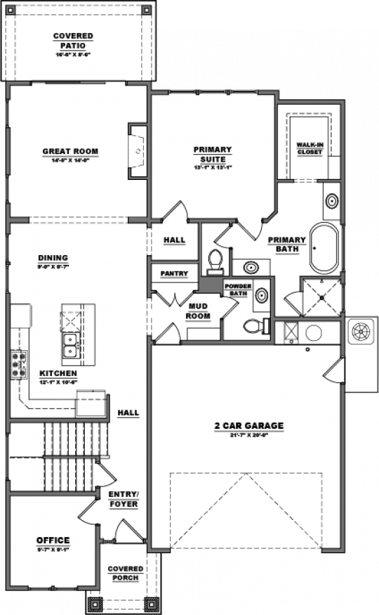 Residence 11 floorplan first floor with 2 car garage, open kitchen and dining room, great room, primary bedroom and bathroom, office and half bath.