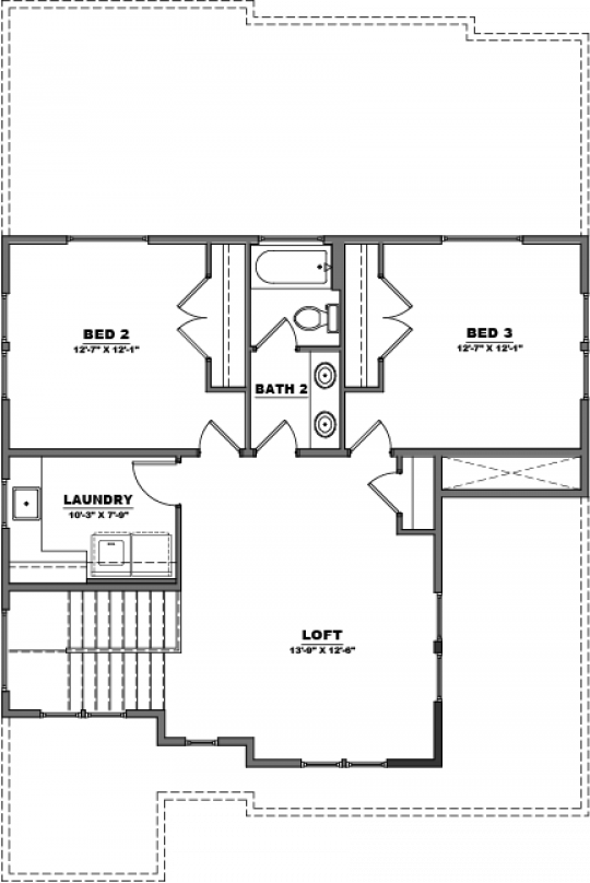 Residence 11 floorplan second floor with second and third bedrooms, second full bathroom, laundry room and loft.