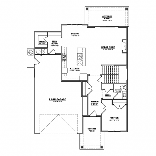 Residence 13 floorplan first floor with 2 car garage, open kitchen, dining and great room, pantry and mudroom, office and half bath.