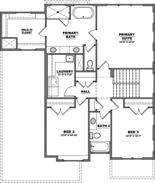 Residence 13 floorplan second floor with primary suite and bathroom, second and third bedrooms, second full bathroom, and laundry room.