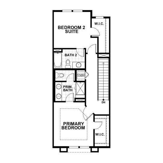 Residence 1 floorplan upper-level with primary bedroom and bathroom, second bedroom suite with full bathroom, and stacked laundry closet.