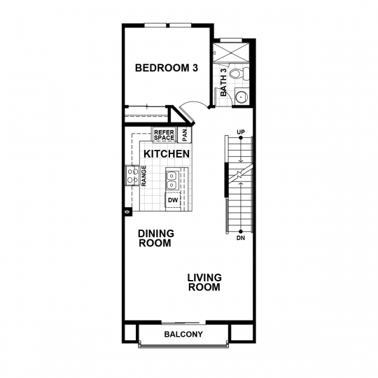 Residence 1 floorplan main-level with open kitchen, dining and living room, third bedroom and full third bath, stairway to upper-level and balcony.