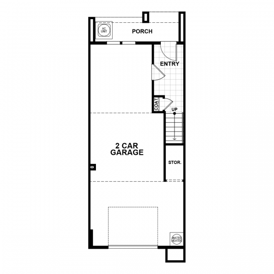 Residence 1 floorplan lower-level with 2 car garage, storage, tile entry with coat closet and stairway, and back porch.