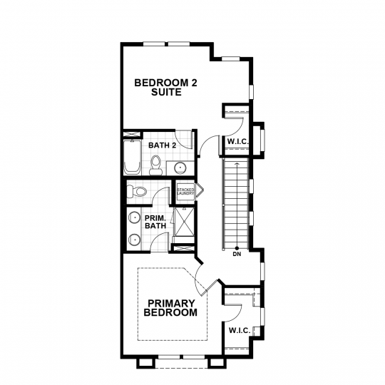 Residence 2 floorplan upper-level with primary bedroom and bathroom, second bedroom suite with full bathroom, and stacked laundry closet.
