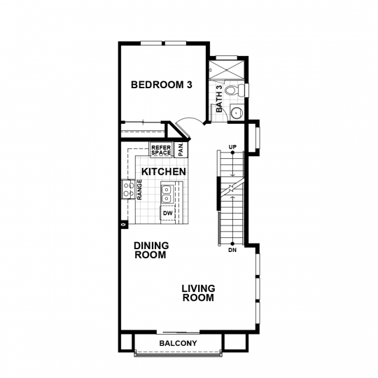 Residence 2 floorplan main-level with open kitchen, dining and living room, balcony, third bedroom and full third bath, stairway to upper-level.