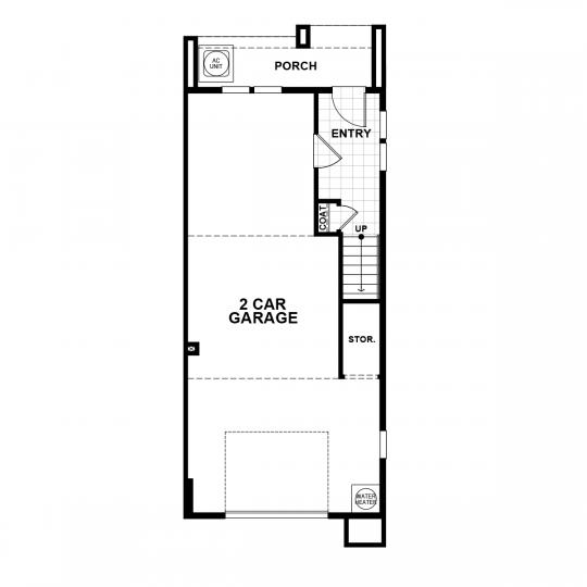 Residence 2 floorplan lower-level with 2 car garage, storage, tile entry with coat closet and stairway, and back porch.