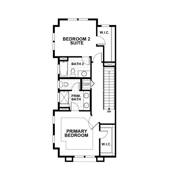 Residence 3 floorplan upper-level with primary bedroom and bathroom, second bedroom suite with full bathroom, and stacked laundry closet.
