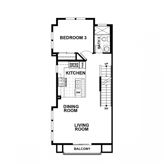 Residence 3 floorplan main-level with open kitchen, dining and living room, balcony, third bedroom and full third bath, stairway to upper-level.