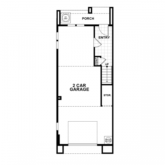 Residence 3 floorplan lower-level with 2 car garage, storage, tile entry with coat closet and stairway, and back porch.