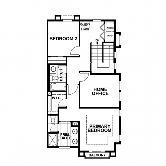 Residence 5 floorplan upper-level with primary bedroom and bathroom, second bedroom, second full bathroom, office and laundry.