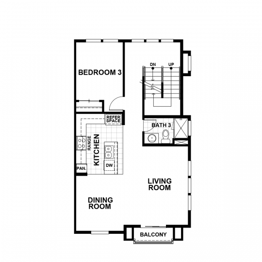 Residence 5 floorplan main-level with open kitchen, dining and living room, balcony, third bedroom and full third bath, stairway to upper-level.