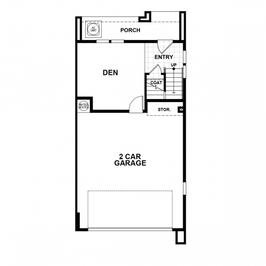 Residence 5 floorplan lower-level with 2 car garage, storage, tile entry with coat closet, den, and back porch.