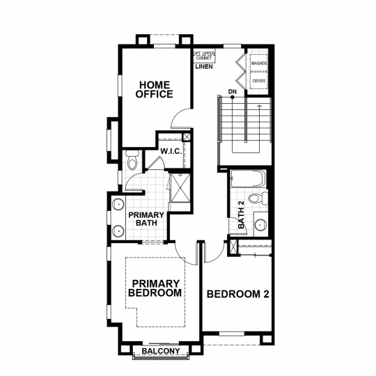 Residence 4 floorplan upper-level with primary bedroom and bathroom, second bedroom, second full bathroom, office and laundry.