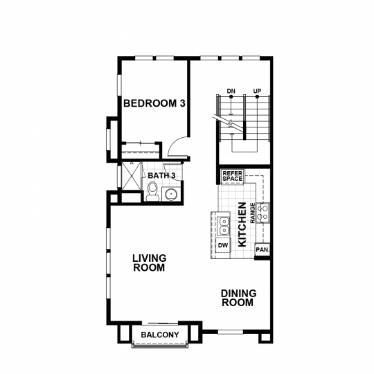 Residence 4 floorplan main-level with open kitchen, dining and living room, balcony, third bedroom and full third bath, stairway to upper-level.