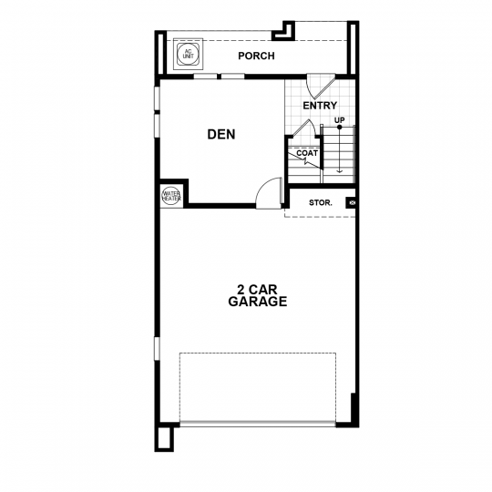 Residence 4 floorplan lower-level with 2 car garage, storage, tile entry with coat closet, den, and back porch.