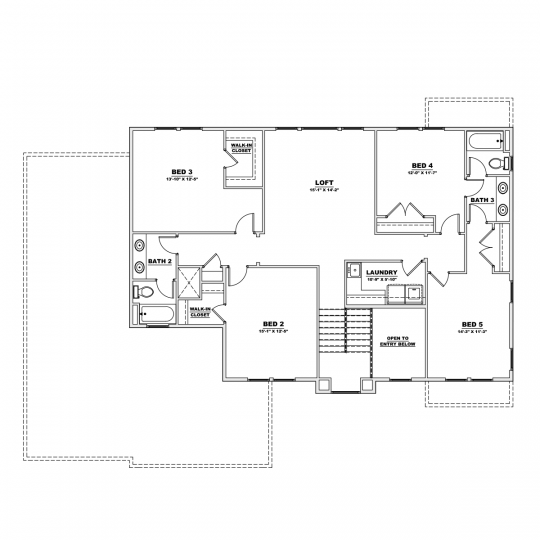 Serenity floorplan second floor with second, third, fourth and fifth bedrooms, and second and third full bathrooms and laundry room.