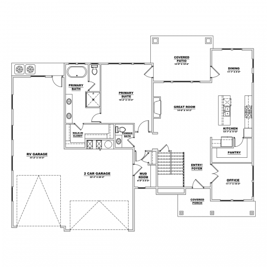 Serenity floorplan first floor with 2 car garage and RV garage, primary suite, half bath, mud room, open kitchen, dining and great room, and office.