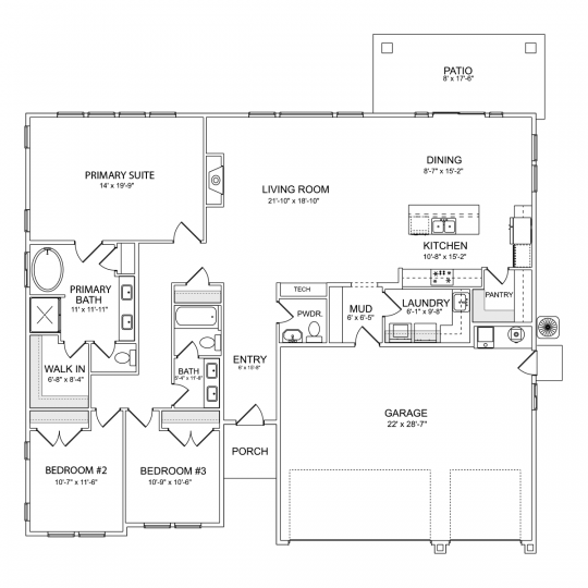 Charity single-level floorplan with 3 bedrooms, 2.5 bathrooms, and open concept kitchen, dining and living room, laundry and mudroom and 3 car garage.
