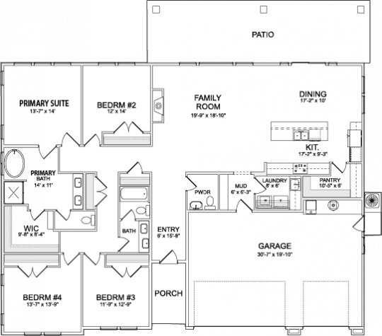 Grace single-level floorplan with 4 bedrooms, 2.5 bathrooms, open kitchen, dining and family room, laundry and mudroom, and 3 car garage.