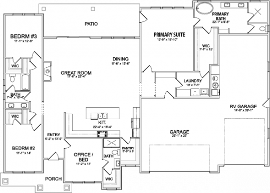Harmony single-level floorplan with 3 bedrooms, 3 bathrooms, open kitchen, dining and great room, laundry room, and 2 car garage with RV garage.