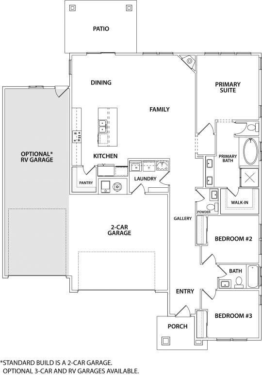 Residence 1 single-level floorplan with 3 bedrooms, 2 bathrooms, open kitchen, dining and family room, laundry room, and 2 car garage with optional RV garage.
