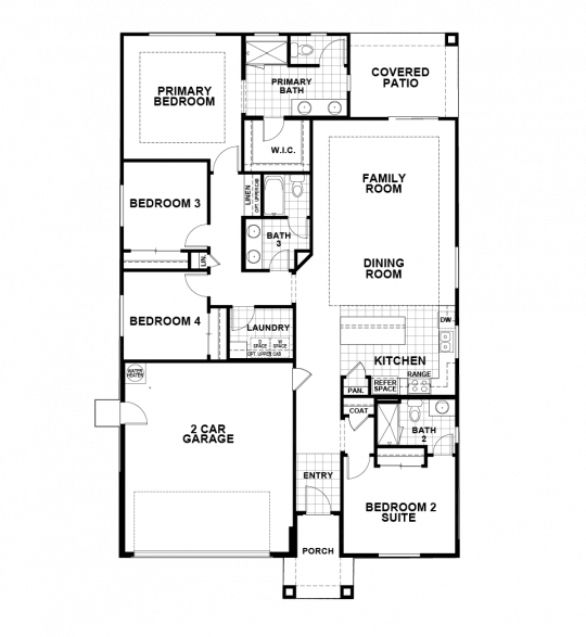 Briarwood single-level floorplan with 4 bedrooms, 3 bathrooms, and open concept kitchen, dining and family room, laundry room and 2 car garage.
