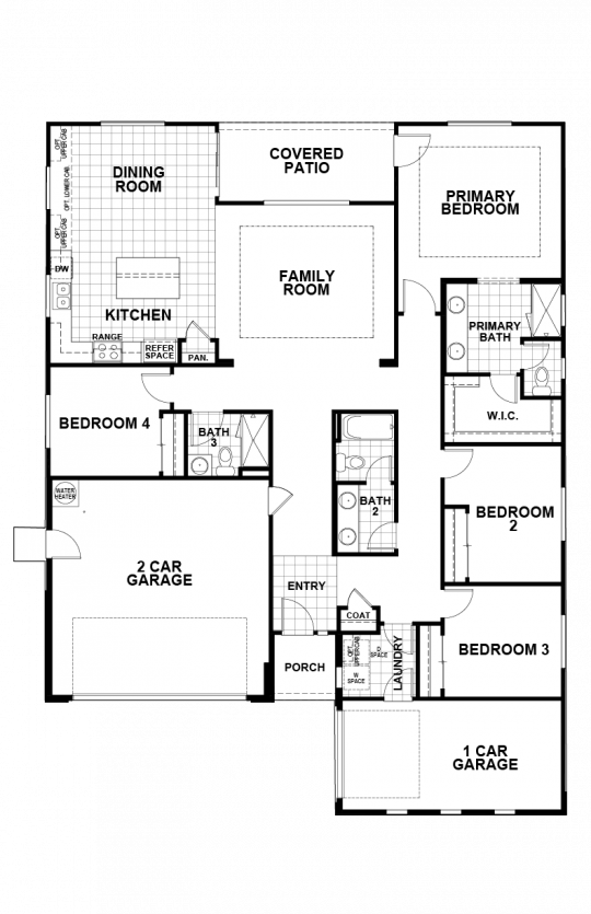 Forsythia single-level floorplan with 3 bedrooms, 3 bathrooms, kitchen and dining room, family room, covered patio, laundry room and 2 car garage.