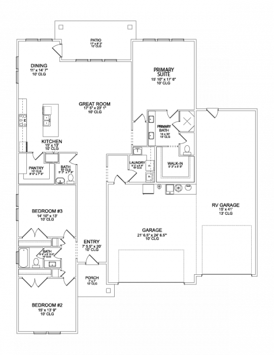 Residence 10 single-level floorplan with 3 bedrooms, 2 bathrooms, open kitchen, dining and great room, laundry room, and 2 car garage with additional RV garage.